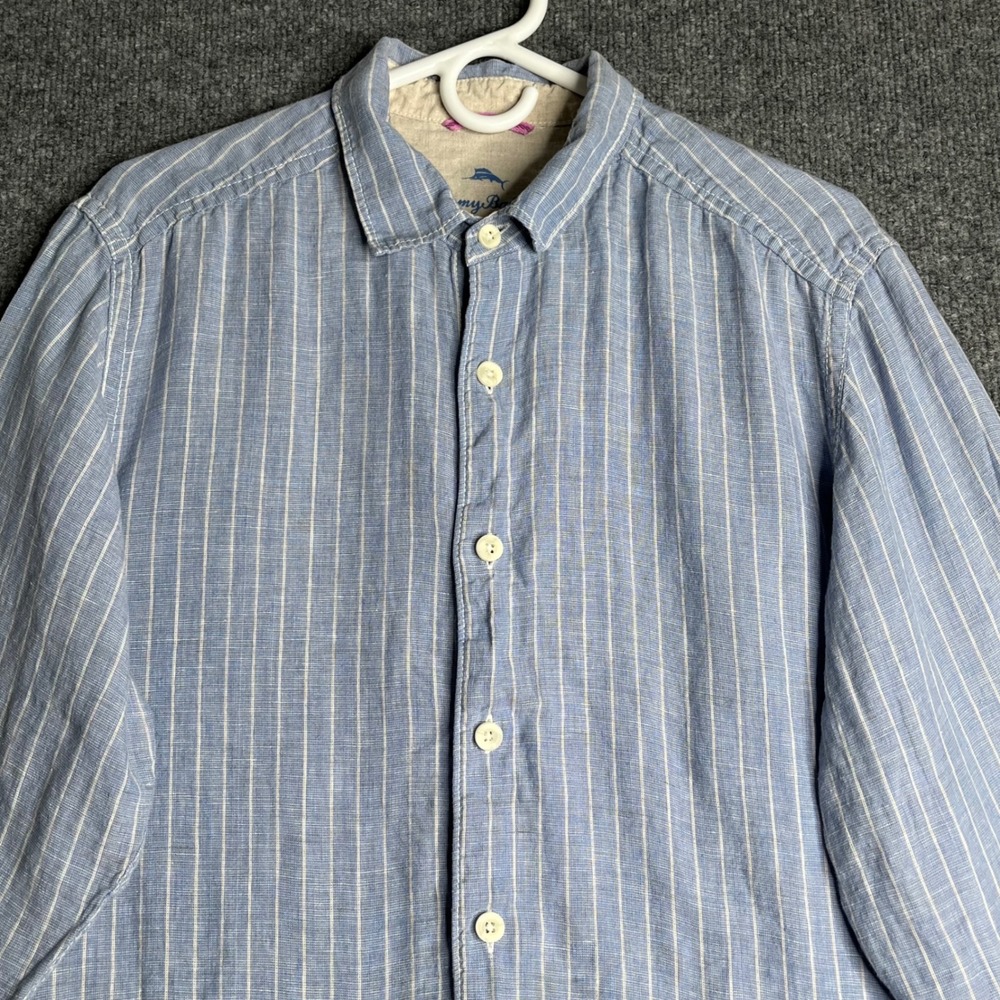 Tommy Bahama Relax Mens Medium Blue White Striped 100% Linen Button Front Shirt - Picture 2 of 7
